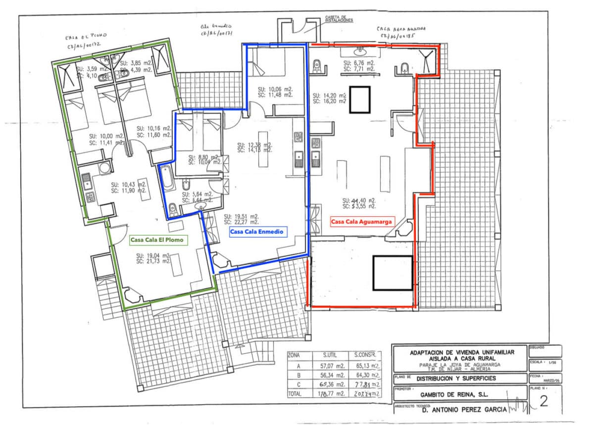 Floor plan of the three apartements of the main house in 2026